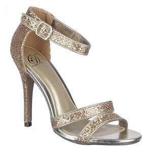 NWOT Delicious Gold Glitter High Heel Dressy Sandals. Size 6.5.